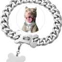 Stainless Steel Cuban Silver Link Heavy Duty Necklace Dog Collar for Small Medium Large Dogs, American Bully French Bulldog Dog Collar with CZ Luxury Safety Personalized Dog Tag (20 Inch (Pack of 1))