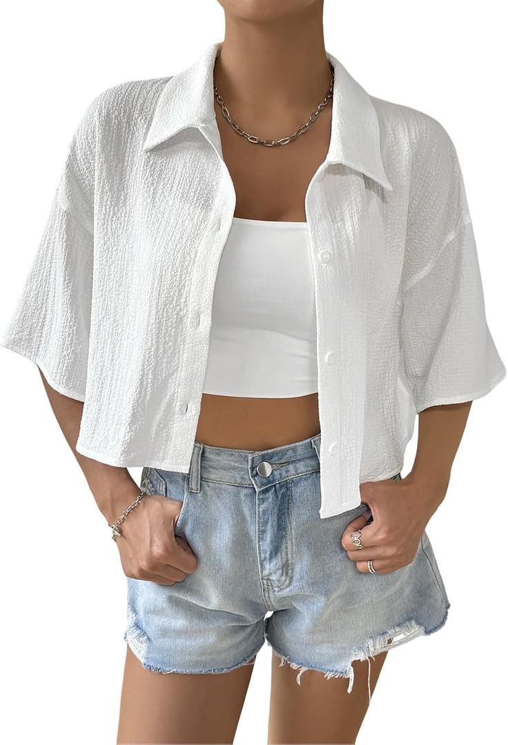 SHENHE Women's Button Down Short Sleeve Shirt Collared Crop Top Blouse | Oversized Shirt For Women,Textured Collared Crop Top,Half Sleeve (White, M)