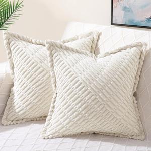 DecorUhome Decorative Cream White Throw Pillow Covers 18x18 Set of 2 with Splicing, Boho Soft Corduroy Broadside Twill Spring Pillow Covers for Couch Bed Sofa Living Room