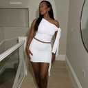 Two Piece Skirt Set for Women - Sexy 2 Pc Outfits Sleeveless One Off Shoulder Crop Top Bodycon Mini Skirts Skort Sets (White, XL)