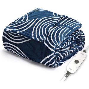 Sunbeam Ultimate Cozy Royal Posh Velvet Hand & Foot Pocket Heated Throw Electric Blanket, 50" x 72", 4 Heat Settings, 4-Hour Auto Shut-Off, Warming Throw for Couch, Machine Washable, Blue Rounds