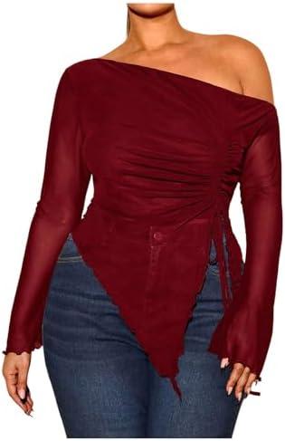 RoseSeek Women's Plus Size Sheer Mesh Off Shoulder Tops Long Sleeve Drawstring Asymmetrical Hem Ruched T Shirt, Red, 2XL