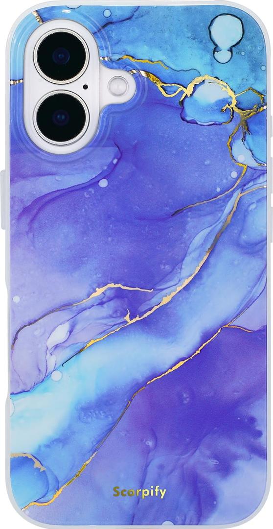 SCORPIFY for iPhone 16 Case [Compatible with MagSafe] with Fantasy Blue Marble Design, Cute Magnetic Phone Cover for Women Girls and Men, Slim Shockproof Bumper with Gold Accents