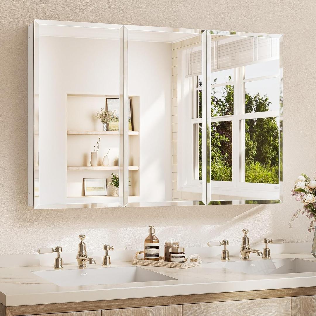 TETOTE 48 x 32 Medicine Cabinet with Tempered Beveled Mirror Silver Vanity Mirror with Storage Aluminum Cabinet DTC Hinges, Stepless Adjustable Shelves, Recessed/Surface-Mounted