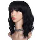 morvally Short Black Wavy Bob Wig with Bangs for Women 16 Inches Natural Synthetic Hair Wavy Wigs