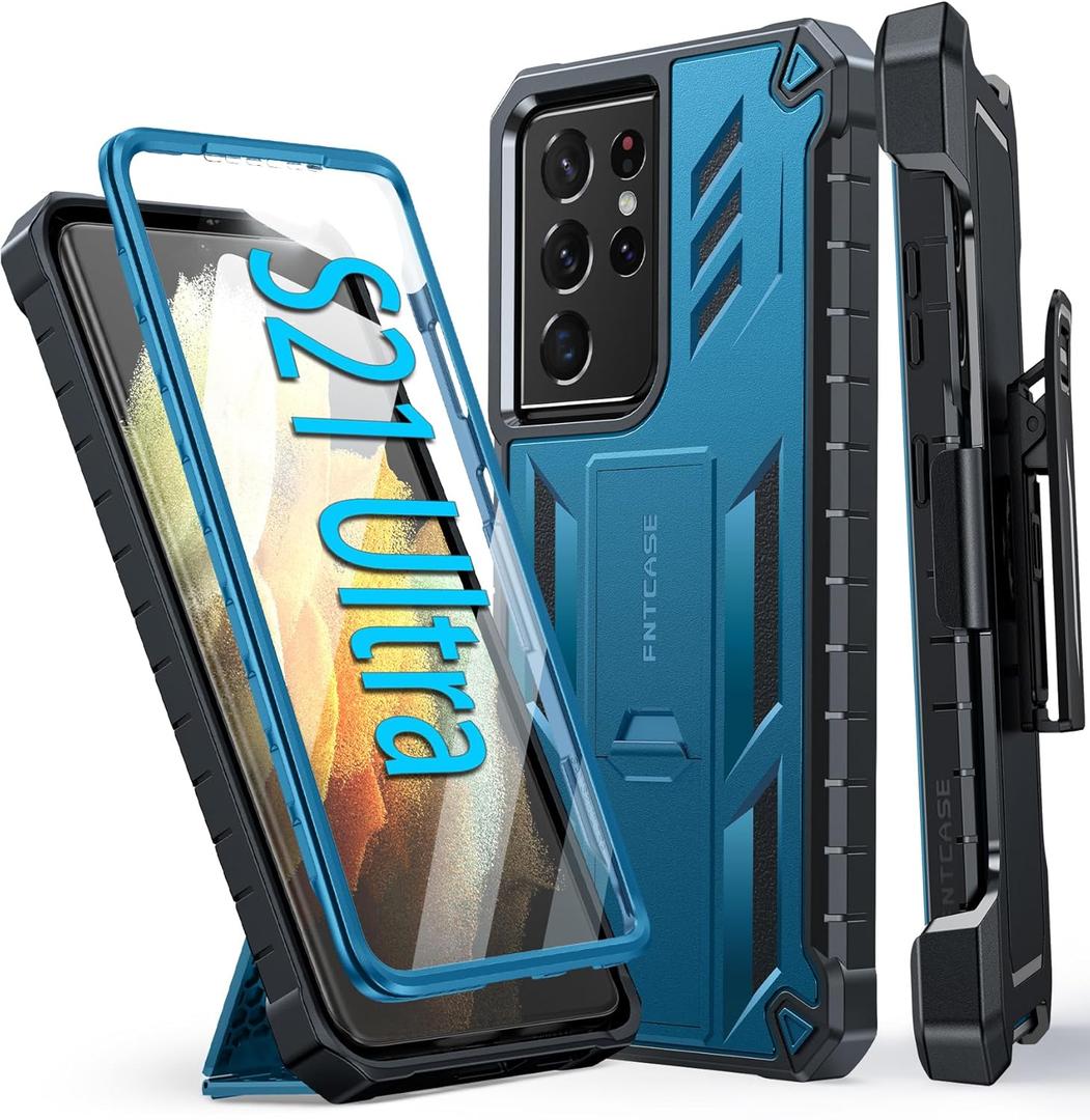 FNTCASE for Samsung Galaxy S21-Ultra Case: Military Shockproof Protective Phone Cover with Belt-Clip Holster & Kickstand, Drop Proof Heavy Duty Rugged Cases for S21Ultra 5G-Blue