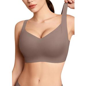 REALWILL Women Everyday Comfortable Wireless Bra Supportive Push Up Minimizer Bras Full Coverage Soft Seamless Tshirt Bras (Medium, Coffee)