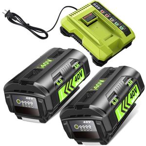6.0Ah Battery Replace for Ryobi 40V Battery Compatible with Ryobi 40 Volt OP4026A OP4015 OP4040 OP40201 OP4050A OP40261 OP4030 OP4060 Power Tools (2Pack) (2PACK+Charger)