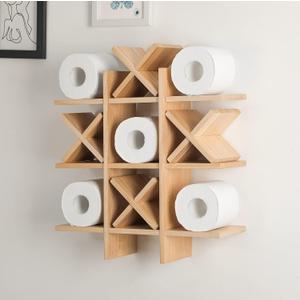 Weysat Tic Tac Toe Toilet Paper Holder Stand Bathroom Wall Decor Rustic Wooden Hanging Storage Freestanding Wall Mounted Shelves Decor for Toilet Tissue Farmhouse