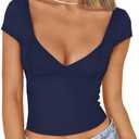 Trendy Queen Womens Summer V-Neck Backless Cute Tops Short Sleeve Sexy Slim Fit T-Shirts Y2K Clothes Corset Cami 2025 size S