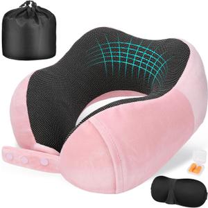 Cirorld Neck Pillow for Traveling, Travel Pillows for Airplanes,100% Pure Memory Foam Travel Neck Pillow, Adjustable Flight Pillow, Portable Plane Accessories with Eye Mask, Earplugs, Carry Bag (Pink)