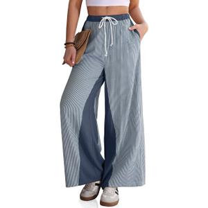 TARSE Womens Linen Wide Leg Pants Striped Drawstring Elastic Waist Loose Fit Summer Boho Casual Trendy Pants with Pockets (Blue, L)