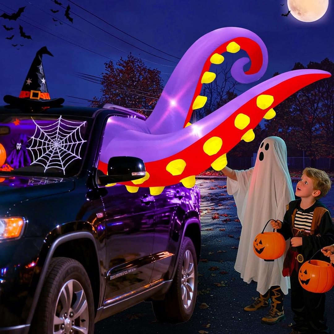 4.5 FT Halloween Inflatable Trunk or Treat Car Decorations Octopus Tentacles Broke Out from Car Window with 3 Built-in LEDs Lights, Blow Up Spooky Octopus Legs Car Decor for SUVs Sedans Outdoor Yard