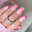 French Tip Press on Nails Medium Square Fake Nails with Glue Rose Red Gradient Designs False Nails Reusable French Line Acrylic Nails Full Cover Glue on Nails Nude Artificial Nails for Women 24Pcs Pack of 3