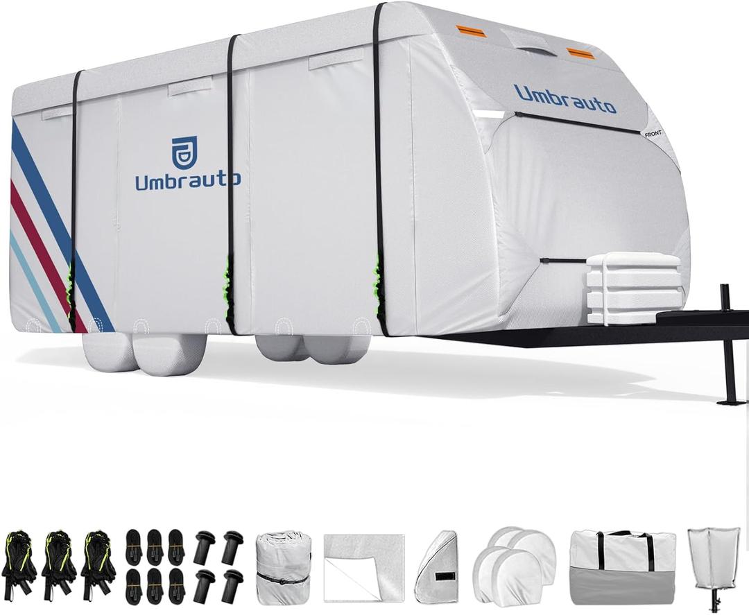 Umbrauto 300D Oxford RV Cover for 33-35ft Travel Trailer  Waterproof & Windproof Camper Cover with Sun-Reflective Silver Coating, Includes 4 Tire Covers & Accessories for All-Season Protection
