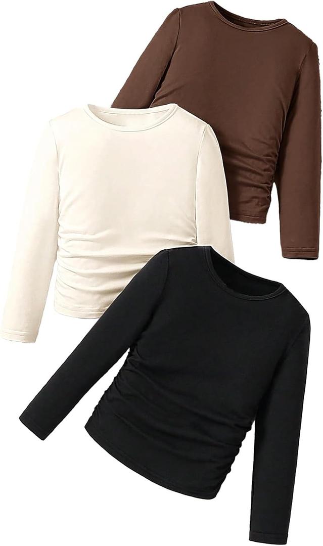 OYOANGLE Toddler Girl's 3 Pack Long Sleeve Ruched T Shirts Crew Neck Plain Tees Basic Layering Tops Apricot Black Brown 4Y (Black)