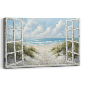 Window Beach Wall Art Prints Large tropical Seascape Picture Coastal Ocean Landscape Canvas Bedroom Blue Ocean Artwork Relaxing Living Room Sea Scene Painting Horizontal Summer Seascape Decor 48 x 24