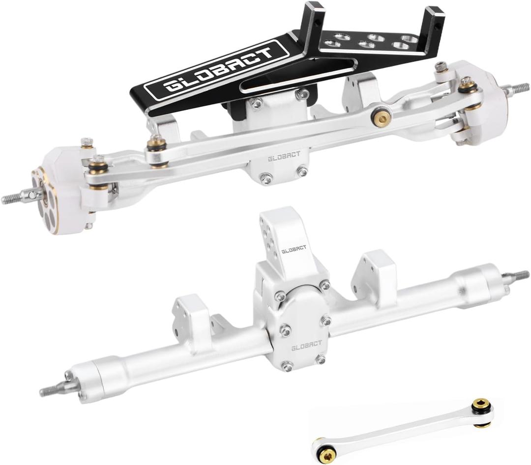 GLOBACT SCX24 Axles +11mm Widened CVD Steering Angle 50 Max with Servo Mount and Tungsten Steel & Brass Steering Knuckle and Links for Axial SCX24 1/24 RC Crawler Upgrade AXI31609 (Silver)