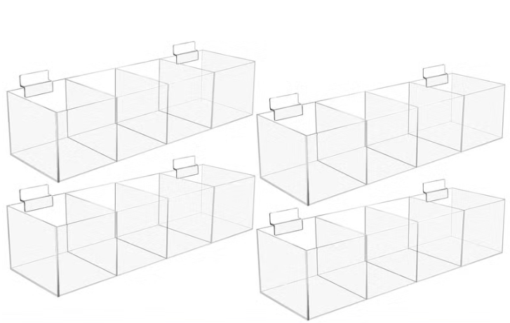Suzile 4 Pcs 16x5x4 Inches Clear Slatwall Bins Acrylic Slatwall Bins 4 Compartments Storage Organizers with Hooks Product Storage Display Slat Wall Accessories for School Office Garage Craft