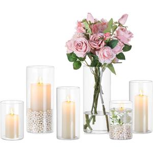 Hewory Hurricane Glass Candle Holders: 6 PCS Clear Hurricane Candle Holders for Pillar Candles Floating Candles, Glass Cylinder for Table Centerpieces Christmas Wedding Party Holiday Home Decor