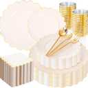 LIYH 210 Pcs Ivory Plastic Plates Scalloped Plastic Plates Disposable Dinnerware Set Cream Gold Scalloped Plate Include Plate Gold Silverware Napkins Cup for Birthday Valentine's Day 30 Guests (Beige with Gold)