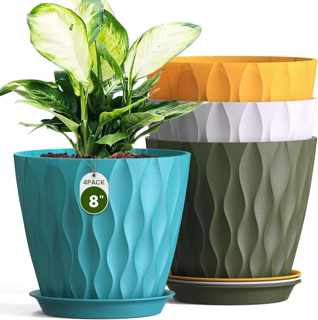 8 Inch Wave Plant Pots with Drainage Holes & Saucers, 4 Pack Modern Textured Medium Planters for Indoor Outdoor Plants, Decorative Flower Pots Repotting Set for Flowers, Herbs (Multicolor)