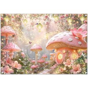 7x5ft Pink Mushroom House Forest Backdrop Glitter Fairy Tale Wonderland Flower Butterfly Lamp Photography Background Kids Birthday Party Decor Photo Booth Banner