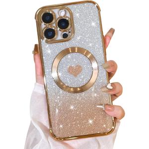 Bonoma Magnetic Glitter for iPhone 12 Pro [ Compatible with MagSafe ], Luxury Love Heart Pattern Plating Bling Clear Case,Camera Protection Sparkly Slim Soft Back Cover for Women Girls,Gold