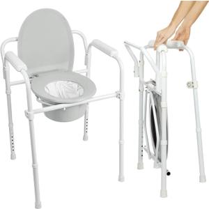 Vive Bedside Commode Toilet Chair (Folding) - 350 lb Capacity, Safety Rail, Shower Chair - 3 in 1 Heavy Duty Bariatric Bucket with Padded Arms, Tight Lid  Portable Seat for Home - Steel