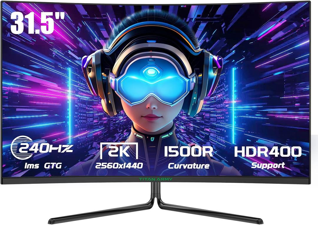 TITAN ARMY 32 Inch 240Hz 1440P Gaming Monitor Curved, 2K QHD 2560 x 1440 1ms, Adaptive Sync, 1500R Frameless VA, 124% sRGB, HDMI 2.1, DisplayPort 1.4, HDR400, Low Blue Light, VESA 75 * 75, C32C1S