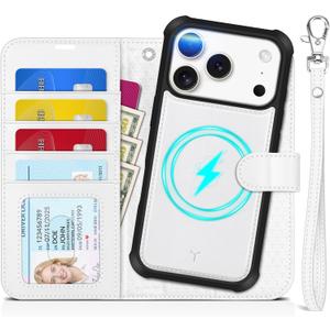 TUCCH 2-in-1 Detachable Wallet Case for iPhone 17 Pro (6.3-inch) 2025, Wireless Charging | RFID Blocking 4 Card Holder | Wrist Strap | Kickstand | Magnetic | PU Leather | Protective Flip Cover | White