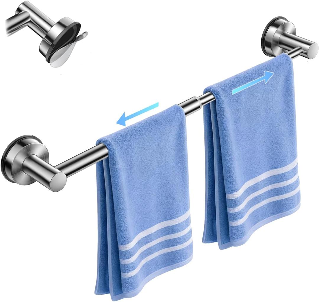 Adjustable Suction Cup Towel Bar for Bathroom Wall,14.6Inch~24 Inch Towel Racks for Bathroom, SUS304 Stainless Steel Bathroom Towel Holder,Bathroom Accessories Brushed Nickel Towel Rack (Silver-1pc)