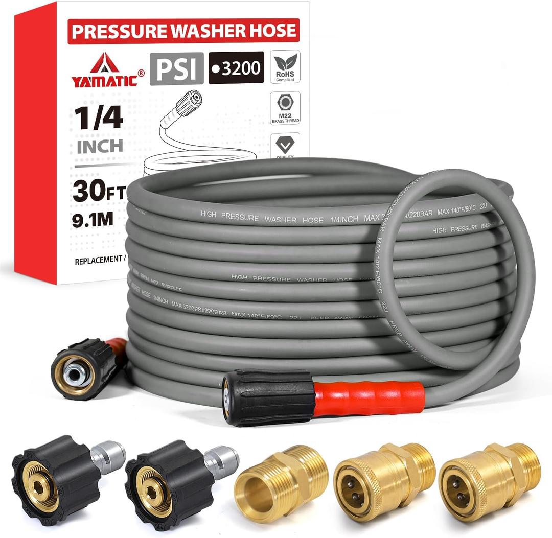 YAMATIC Flexible Pressure Washer Hose 30 FT 1/4", M22-14mm Females
With 3/8" Quick-Connect Adapters, 3200 PSI Kink-Resistant, Replacement/Extension Hose For Power Washing, Grey