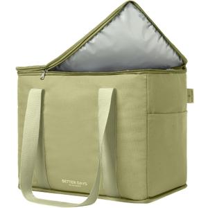 Nook Theory Reusable Insulated Grocery Bag - Leak Proof, X Large Cooler Bag - Insulated Shopping Bags for Groceries - Travel Cooler Bag for Frozen and Hot Food with Zippered Top (Full Sage)