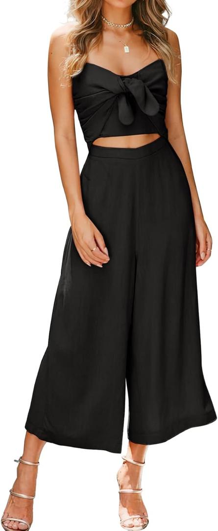 Women's Tie Knot Cutout Front V Neck Spaghetti Strap High Waist Wide Leg Summer Casual Jumpsuits Rompers (AVBLTK)