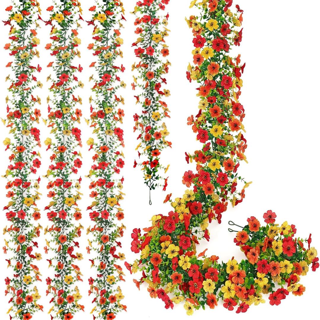 Fall Artificial Flowers Garland 4 Pack 5.7FT Faux Daisy Eucalyptus Leaves,UV Resistant Fall Leaf Floral Garland for Autumn Decor Thanksgiving Wedding Booth Backdrop (Red Orange Yellow, 4PCS)