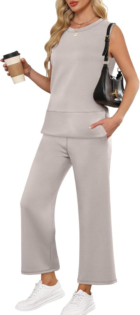 ANRABESS Womens 2 Piece Outfits Summer Beach Vacation Clothes Spring Travel Airport Casual Wide Leg Pants Lounge Sets (Beige, M)