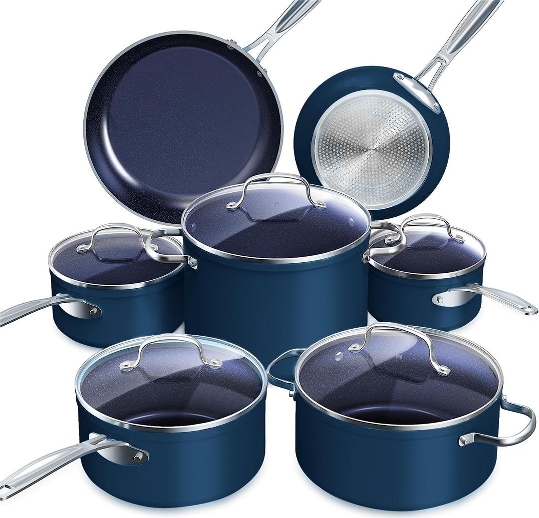 Nuwave Healthy Duralon Blue Ceramic Nonstick 12pc Cookware Set,Diamond Infused Scratch-Resistant,PFAS Free,Dishwasher & Oven Safe,Induction Ready & Evenly Heats, Tempered Glass Lids, Stay-Cool Handles