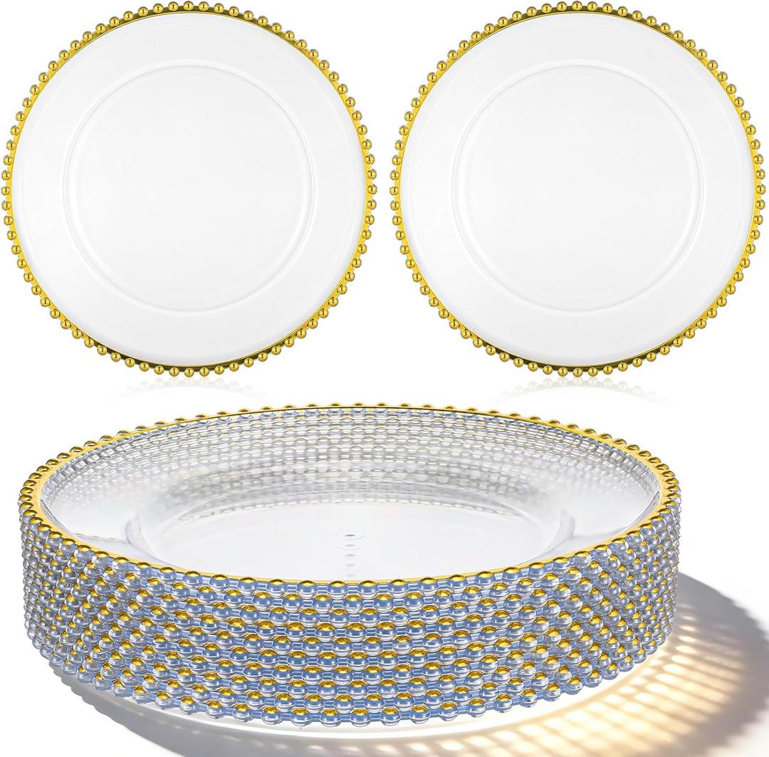 13" Acrylic Clear Charger Plates 10Pcs Elegant Gold Beaded Charger Plates Table Plate Chargers Decor for Wedding Reception, Holiday Party, Family Gathering & Daily Table Setting