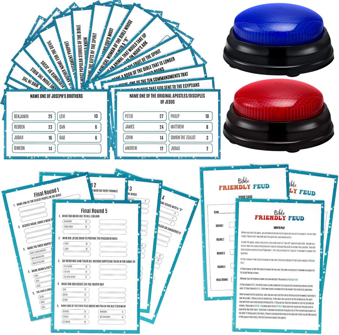 Christian Bible Friendly Feud Game with 2 Answer Buzzers, Religious Feud Card Board Game Night Family Church Group Fun Trivia Quiz for Christmas Easter Party Office Class Team Building