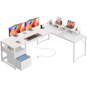 PRAISUN 63 Inch L Shaped Desk with Power Outlets and USB-C Port, Computer Corner Home Office Desk with File Fabric Drawers and Movable Monitor Stand, Larger Storage, Gaming, Writing, Work, White