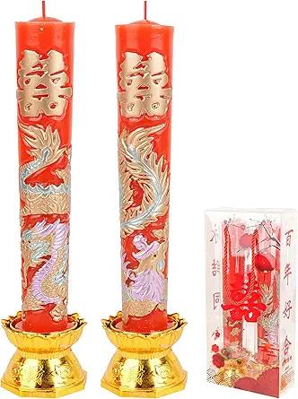 HannaFires 2PCS Chinese Wedding Dragon & Phoenix Red Candles Pairs – Traditional Double Happiness No-Smoke Ceremony Candles for Bridal Room or Wedding Décor, Classic Double Happiness Candle