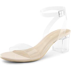 DREAM PAIRS Women's Open Toe Ankle Strap Low Block Chunky Heels Sandals Party Dress Pumps Shoes,  Nude/Clear, Size 11