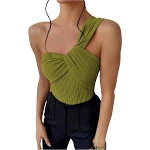 OYOANGLE Women's Textured One Shoulder Going Out Bodysuit Tops Twist Front Ruched Sleeveless Tank Top Body Suits, Medium