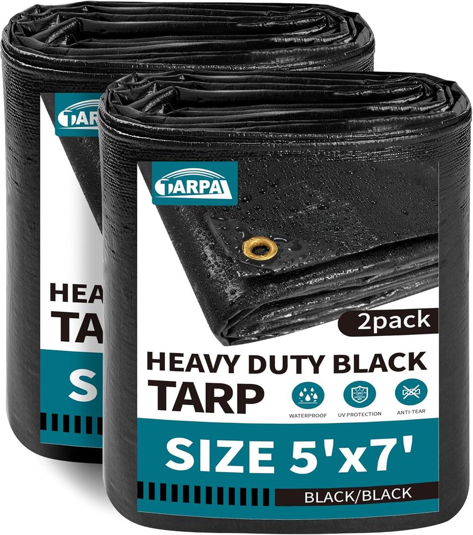 TARPAL 5x7ft tarp2pack Black Tarp 14mil Heavy Duty Tarp Small TarpsWater and UV Protection,for Outdoor Furniture Covers Waterproof,Awnings,Roofs,Tents,Pool Cover,Shade Cloth for Garden