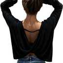 SOLY HUX Women's Twist Backless Top Cut Out Oversized Long Sleeve Going Out T Shirts (Medium, Plain Black)
