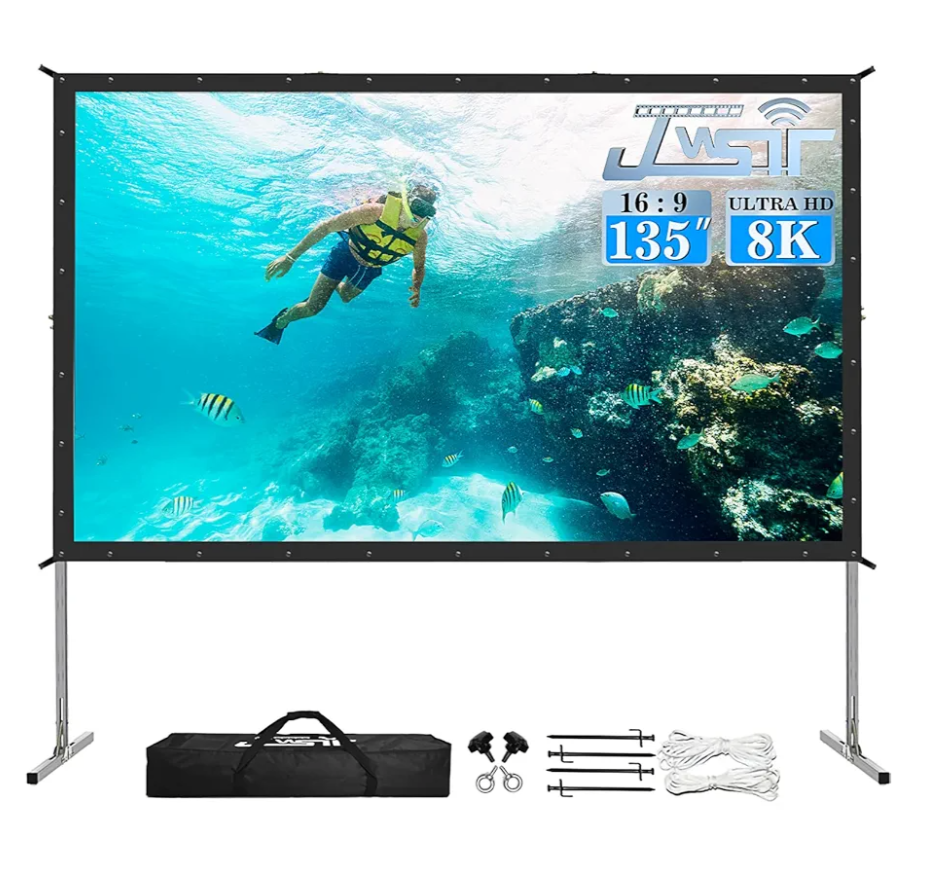 Projector Screen and Stand,JWSIT 135 inch Outdoor Movie Screen-Upgraded 3 Layers PVC 16:9 Outdoor Projector Screen,Portable Video Projection Screen with Carrying Bag for Home Theater Backyard