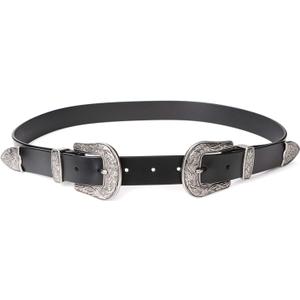 JASGOOD Double Buckle Western Belts for Woman Cowgirl Country Belt Vintage Black Leather Belt for Jeans Pants Dresses Size: For Size 28-32inch