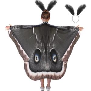 Xtinmee Kid Moth Butterfly Wing Cape Costume Moth Shawl Wing Headband Feather Girl Dress up for Halloween Party (Grey)