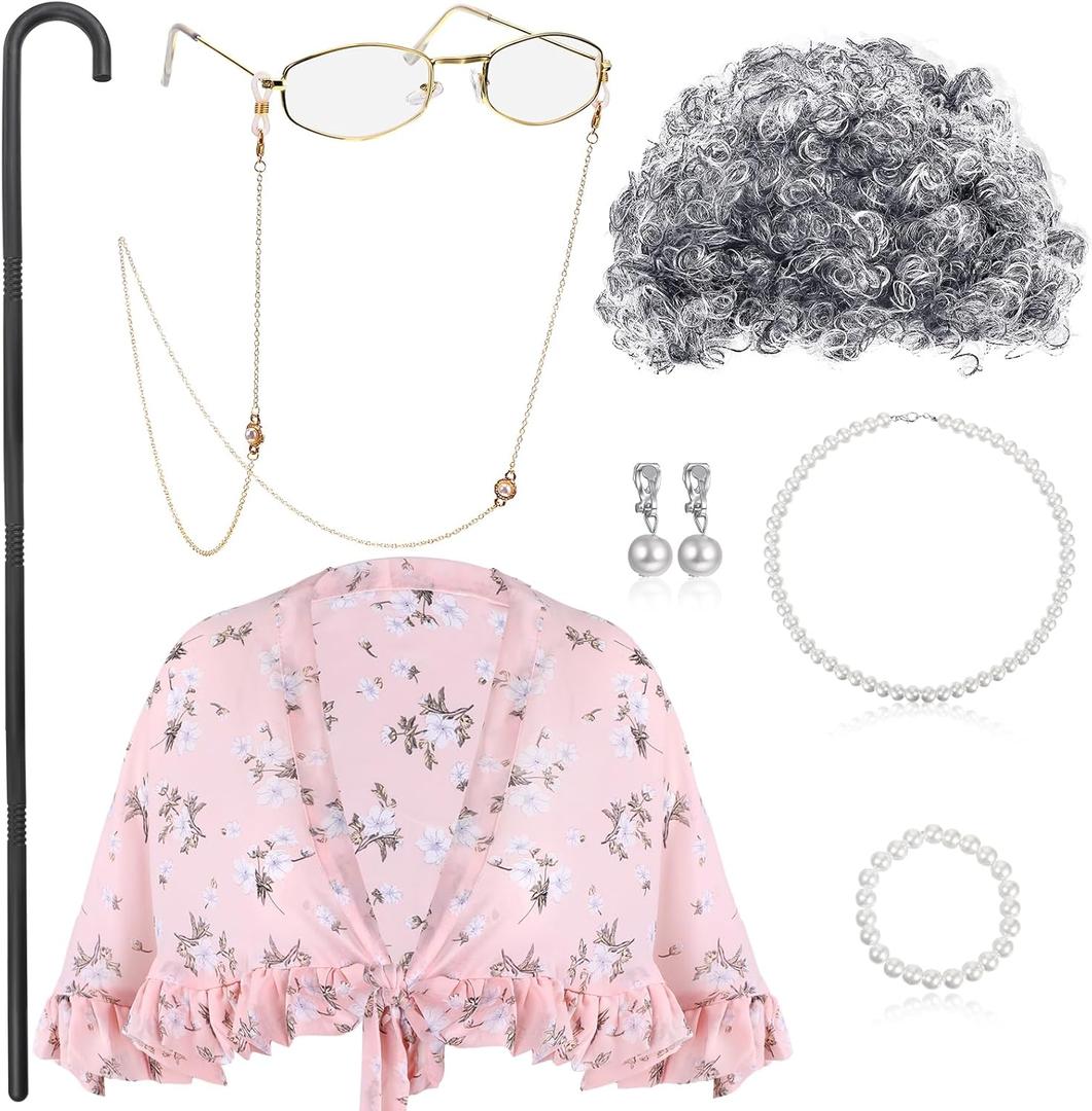 BBTO 100 Days of School Costume Old Lady Costume for Kids Granny Wig Shawl Grandma Outifits with Glasses and Accessories